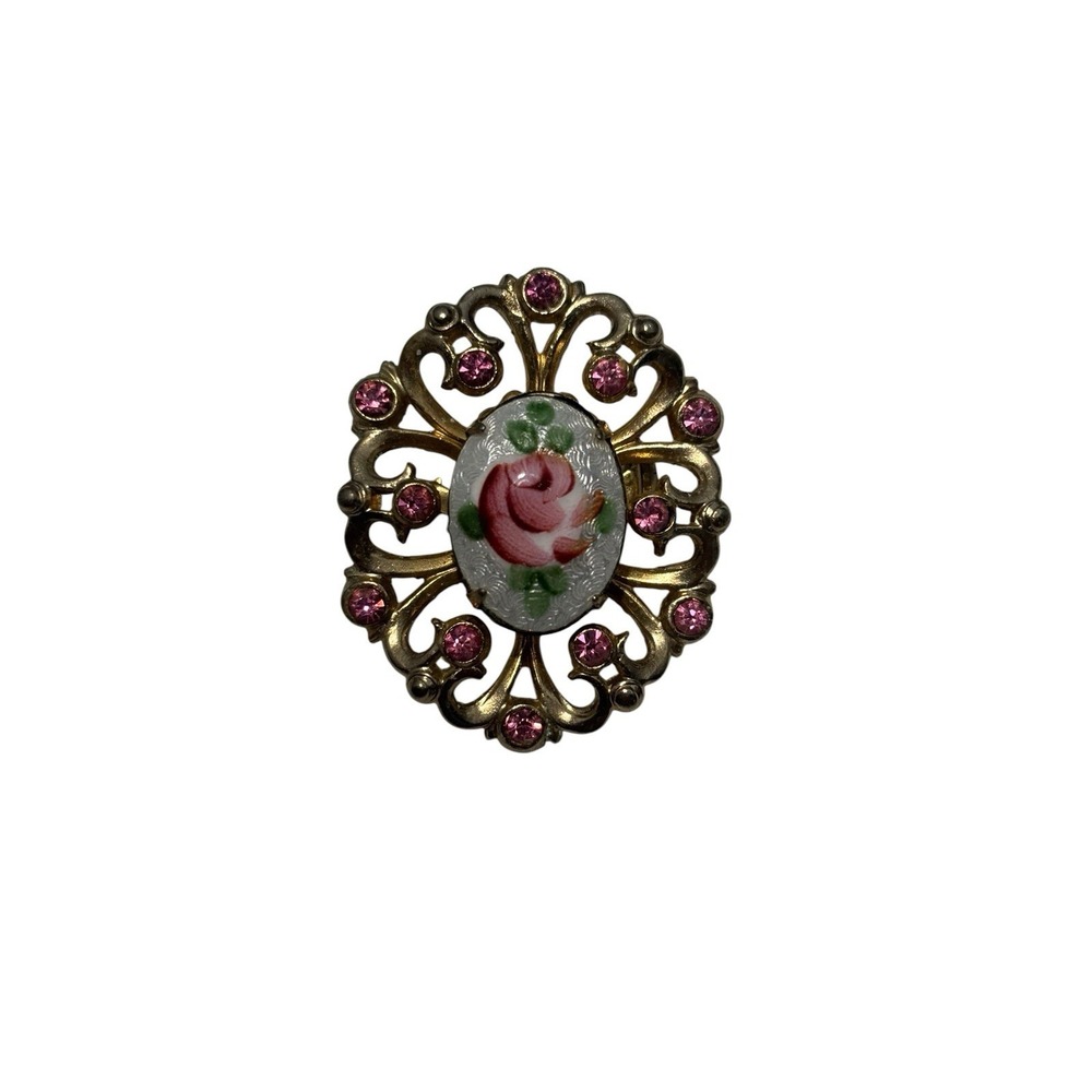 Vintage Gold Tone Pink Rhinestone Guilloche Enamel Rose Flower Brooch Pin